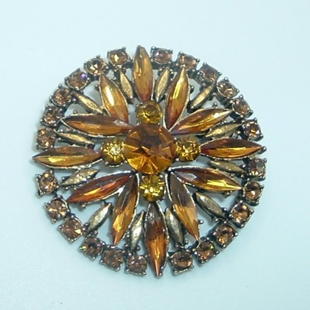 Vintage Amber RHINESTONES Brooch Pin 2" Retro Orange Gold